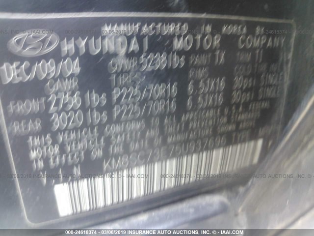 KM8SC73E75U937696 - 2005 HYUNDAI SANTA FE GLS/LX BLACK photo 9