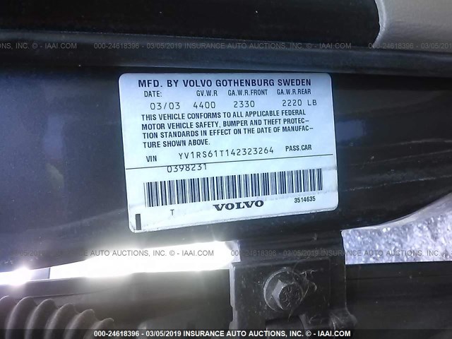 YV1RS61T142323264 - 2004 VOLVO S60 GRAY photo 9