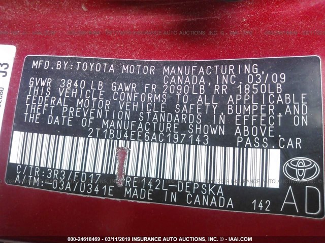 2T1BU4EE6AC197143 - 2010 TOYOTA COROLLA S/LE/XLE RED photo 9