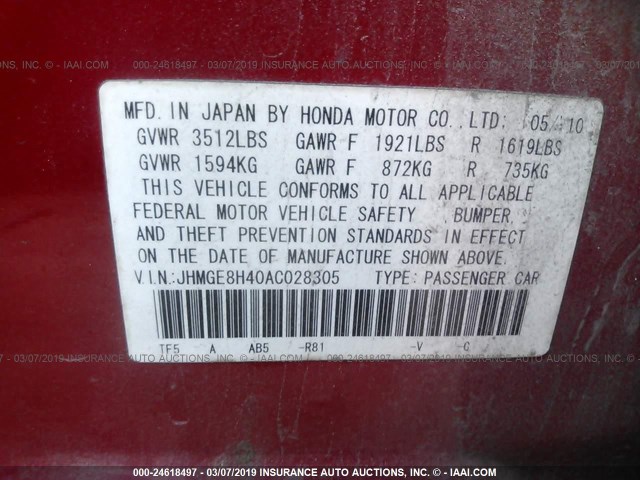 JHMGE8H40AC028305 - 2010 HONDA FIT SPORT RED photo 9