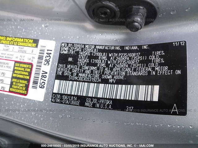 5TDYK3DCXDS319234 - 2013 TOYOTA SIENNA XLE/LIMITED SILVER photo 9