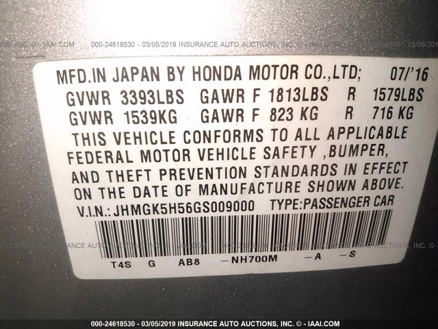 JHMGK5H56GS009000 - 2016 HONDA FIT LX SILVER photo 9