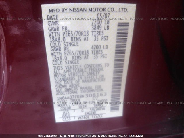 1N6AA07F08N308163 - 2008 NISSAN TITAN XE/SE/LE/PRO-4X BURGUNDY photo 9