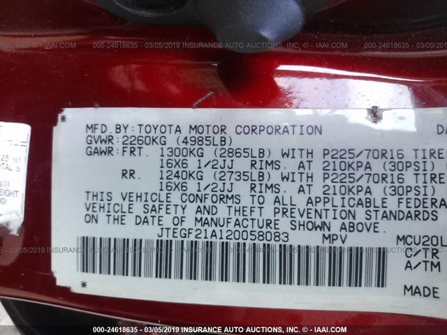 JTEGF21A120058083 - 2002 TOYOTA HIGHLANDER LIMITED RED photo 9