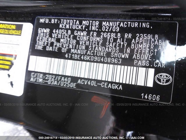 4T1BE46K09U408963 - 2009 TOYOTA CAMRY SE/LE/XLE 黑色 照片 9