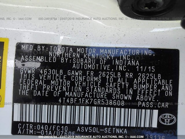 4T4BF1FK7GR538608 - 2016 TOYOTA CAMRY LE/XLE/SE/XSE თეთრი ფოტო 9