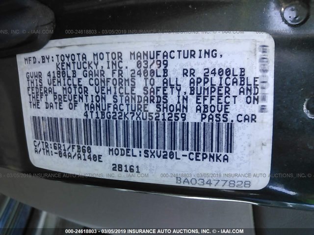 4T1BG22K7XU521259 - 1999 TOYOTA CAMRY CE/LE/XLE 绿色 照片 9