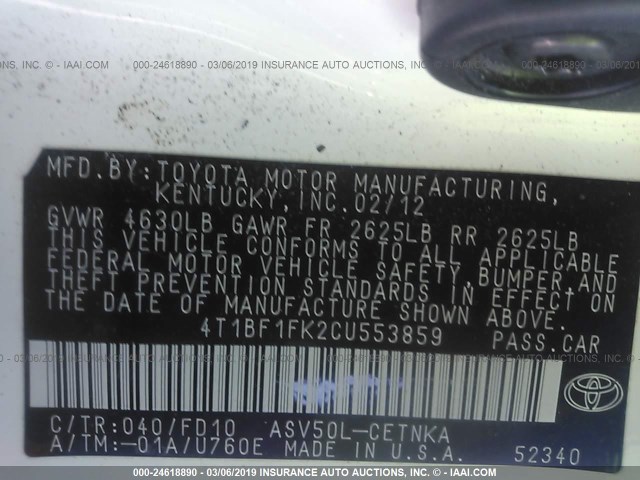 4T1BF1FK2CU553859 - 2012 TOYOTA CAMRY SE/LE/XLE WHITE photo 9