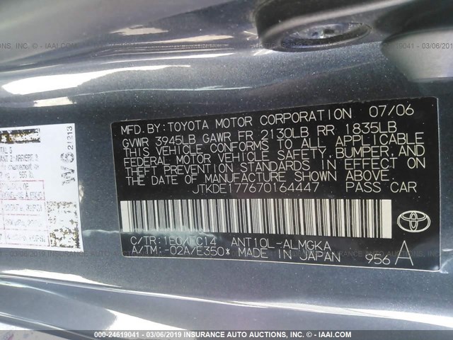 JTKDE177670164447 - 2007 TOYOTA SCION TC ნაცრისფერი ფოტო 9