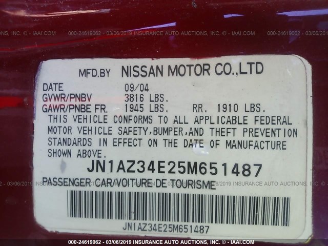 JN1AZ34E25M651487 - 2005 NISSAN 350Z COUPE RED photo 9