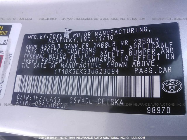 4T1BK3EK3BU623084 - 2011 TOYOTA CAMRY SE/LE/XLE 银色 照片 9