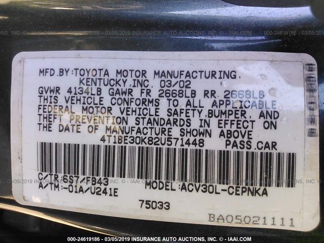 4T1BE30K82U571448 - 2002 TOYOTA CAMRY LE/XLE/SE GREEN photo 9