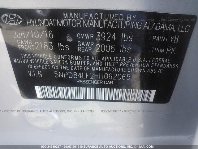 5NPD84LF2HH092065 - 2017 HYUNDAI ELANTRA SE/VALUE/LIMITED SILVER photo 9