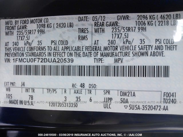 1FMCU0F72DUA20539 - 2013 FORD ESCAPE S BLUE photo 9