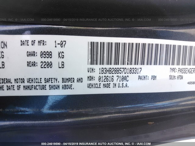 1B3HB28B57D183317 - 2007 DODGE CALIBER GRAY photo 9