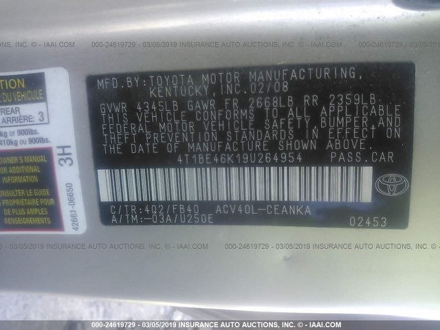 4T1BE46K19U264954 - 2009 TOYOTA CAMRY SE/LE/XLE 金色 照片 9