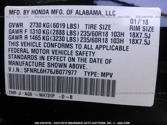 5FNRL6H76JB077977 - 2018 HONDA ODYSSEY EXL BLACK photo 9