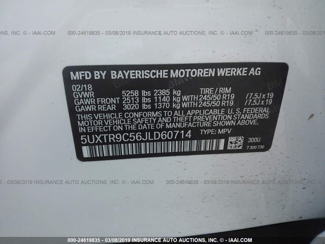 5UXTR9C56JLD60714 - 2018 BMW X3 XDRIVEM40I WHITE photo 9
