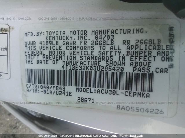 4T1BE32K03U205420 - 2003 TOYOTA CAMRY LE/XLE/SE WHITE photo 9