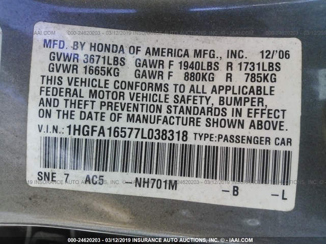 1HGFA16577L038318 - 2007 HONDA CIVIC LX Boz foto 9