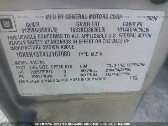 1GKEK13T41J107080 - 2001 GMC YUKON Pewter photo 9