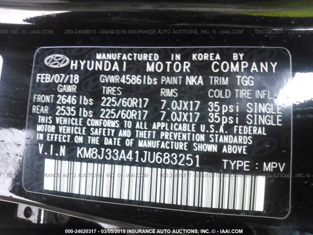 KM8J33A41JU683251 - 2018 HYUNDAI TUCSON LIMITED/SPORT AND ECO/SE BLACK photo 9