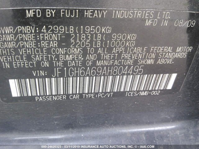 JF1GH6A69AH804495 - 2010 SUBARU IMPREZA 2.5I GRAY photo 9