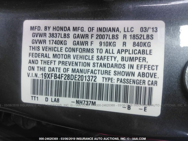 19XFB4F28DE201372 - 2013 HONDA CIVIC HYBRID GRAY photo 9