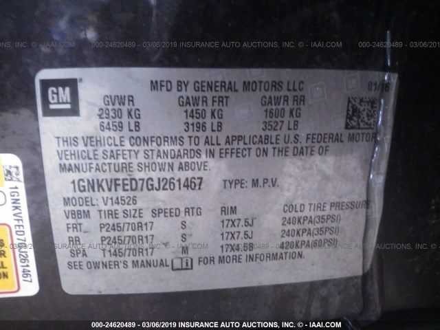 1GNKVFED7GJ261467 - 2016 CHEVROLET TRAVERSE LS GRAY photo 9