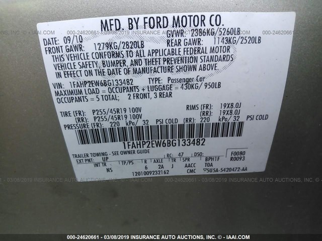 1FAHP2EW6BG133482 - 2011 FORD TAURUS SEL GOLD photo 9