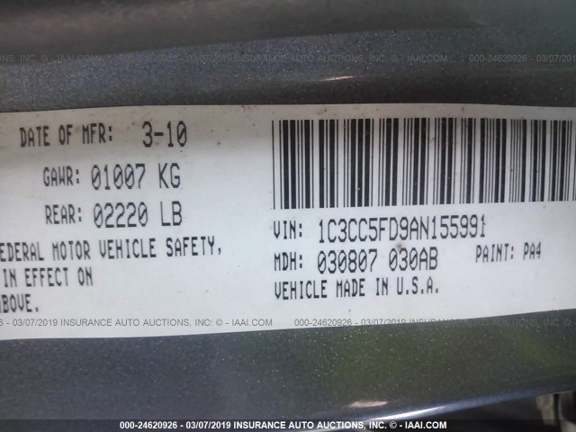 1C3CC5FD9AN155991 - 2010 CHRYSLER SEBRING LIMITED SILVER photo 9