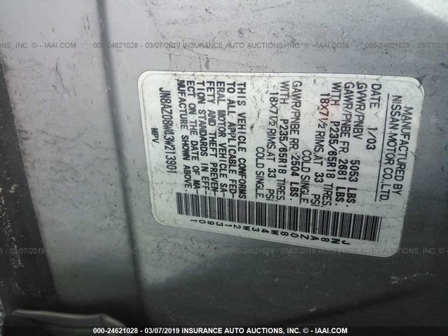 JN8AZ08W43W213901 - 2003 NISSAN MURANO SL/SE SILVER photo 9