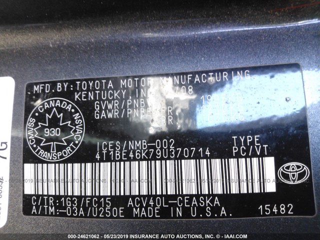 4T1BE46K79U370714 - 2009 TOYOTA CAMRY SE/LE/XLE 灰色 照片 9