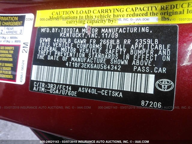 4T1BF3EK6AU564342 - 2010 TOYOTA CAMRY SE/LE/XLE RED photo 9