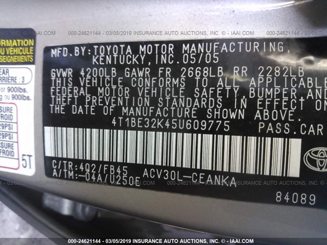 4T1BE32K45U609775 - 2005 TOYOTA CAMRY LE/XLE/SE TAN photo 9