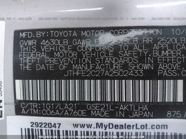 JTHFE2C27A2502433 - 2010 LEXUS IS 350 SILVER photo 9