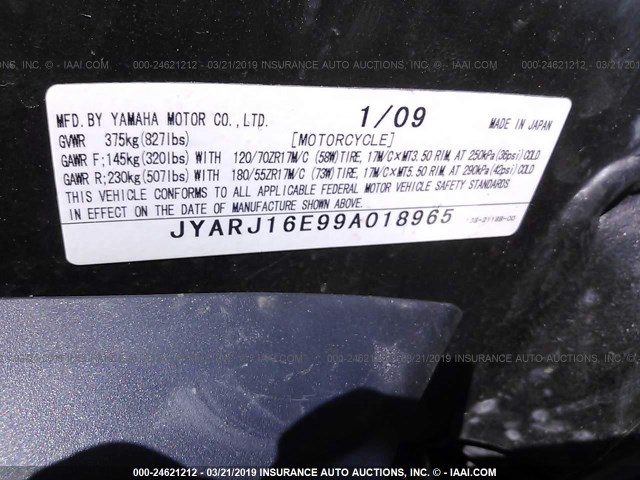 JYARJ16E99A018965 - 2009 YAMAHA YZFR6 WHITE photo 10