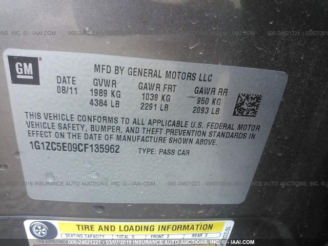 1G1ZC5E09CF135962 - 2012 CHEVROLET MALIBU 1LT 灰色 照片 9