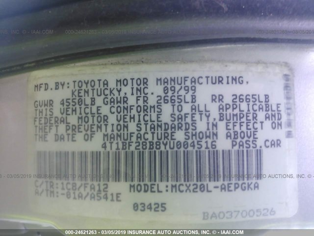 4T1BF28B8YU004516 - 2000 TOYOTA AVALON XL/XLS Champagne photo 9