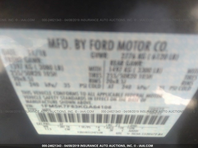 1FM5K7F83KGA64108 - 2019 FORD EXPLORER LIMITED GRAY photo 9