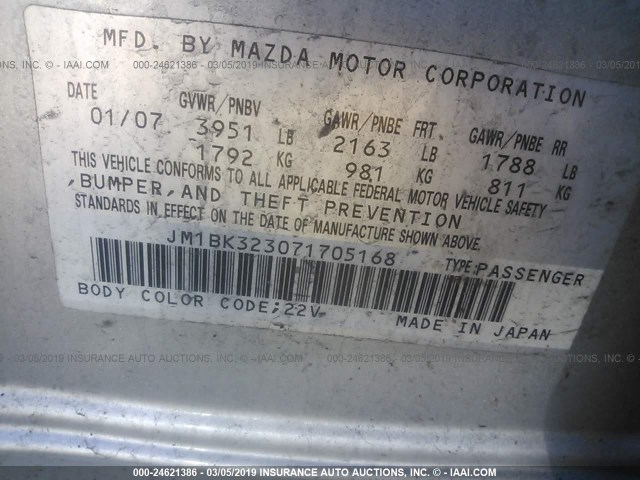 JM1BK323071705168 - 2007 MAZDA 3 S SILVER photo 9