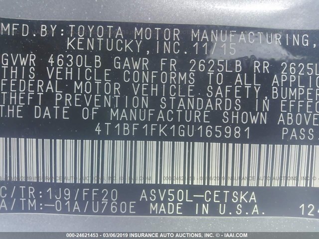 4T1BF1FK1GU165981 - 2016 TOYOTA CAMRY LE/XLE/SE/XSE GRAY photo 9