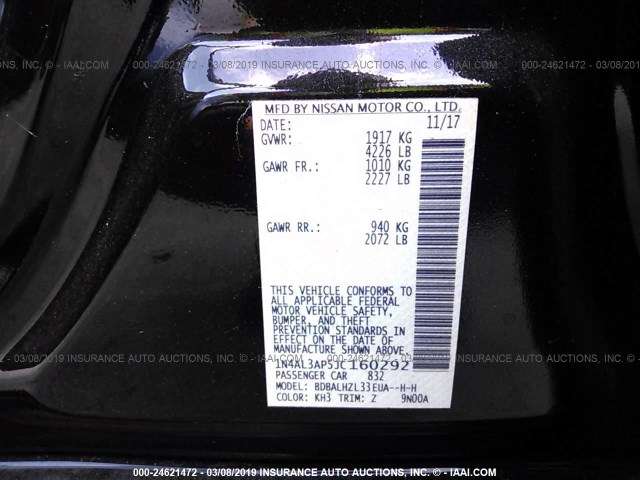 1N4AL3AP5JC160292 - 2018 NISSAN ALTIMA 2.5/S/SV/SL/SR BLACK photo 9