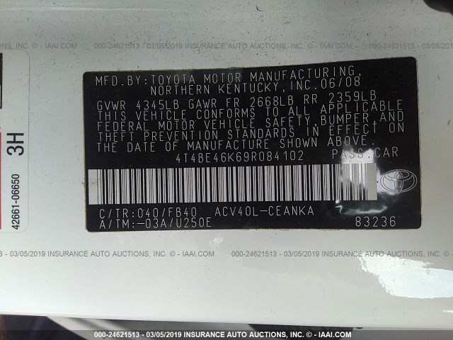 4T4BE46K69R084102 - 2009 TOYOTA CAMRY SE/LE/XLE 白色 照片 9