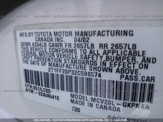 2T1FF28P32C596574 - 2002 TOYOTA CAMRY SOLARA SE/SLE WHITE photo 9