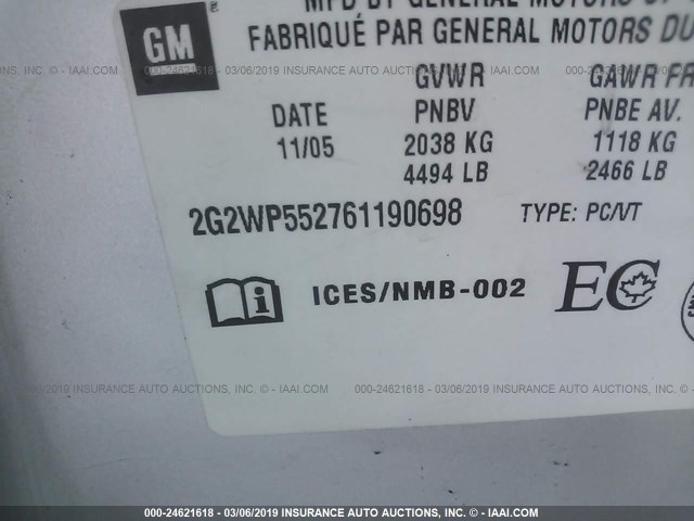 2G2WP552761190698 - 2006 PONTIAC GRAND PRIX SILVER photo 9