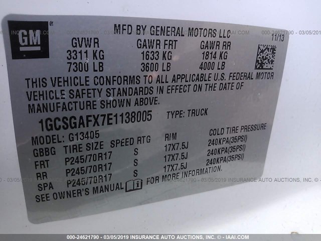 1GCSGAFX7E1138005 - 2014 CHEVROLET EXPRESS G1500  WHITE photo 9