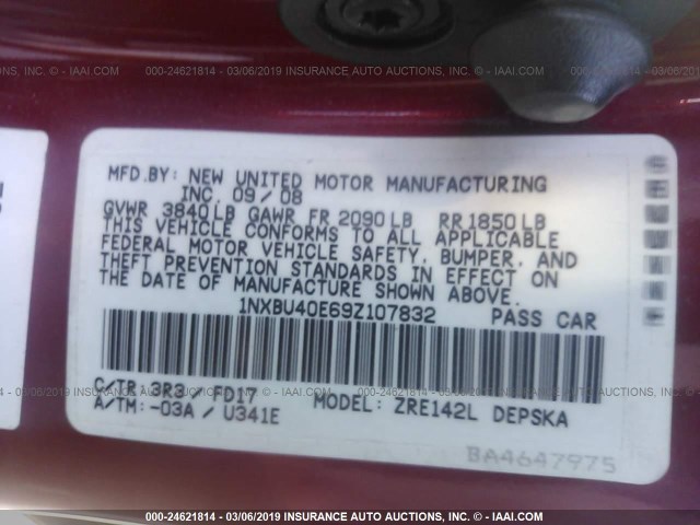 1NXBU40E69Z107832 - 2009 TOYOTA COROLLA S/LE/XLE RED photo 9