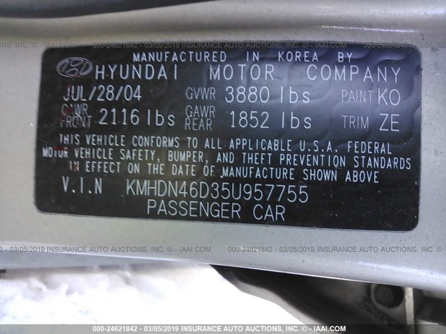 KMHDN46D35U957755 - 2005 HYUNDAI ELANTRA GLS/GT BEIGE photo 9