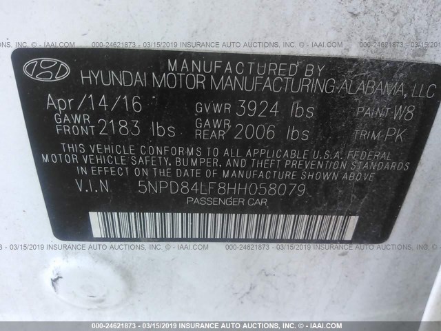 5NPD84LF8HH058079 - 2017 HYUNDAI ELANTRA SE/VALUE/LIMITED WHITE photo 9